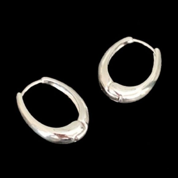 Silver Tone Halo Oval Hoop Earrings, Medium Size 1” Drop, Modern & Minimalist - Picture 1 of 9